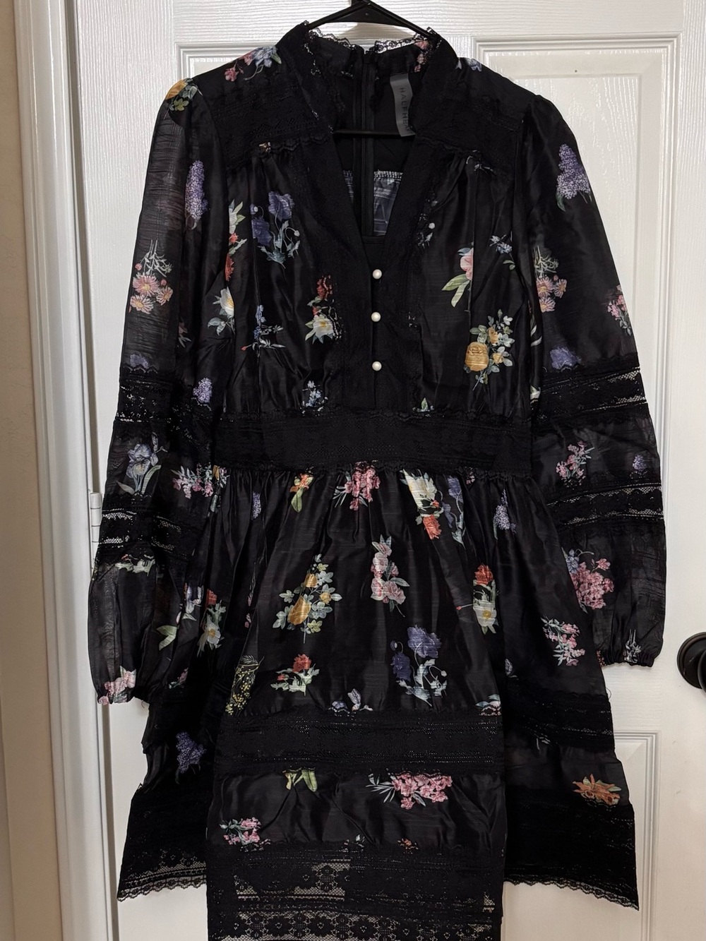 Black Floral Long Sleeve Smocked Waist Dress